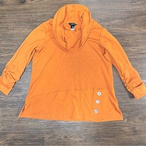 ALI MILES BURNT ORANGE RUST COWL NECK BUTTONS Ruched long sleeves